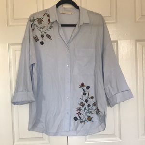 🍂🥀ZARA EMBROIDERED BLUE BUTTON UP BLOUSE🍂🥀